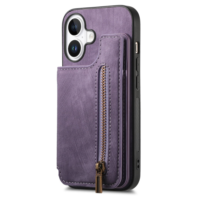 For iPhone 16 Plus Retro Leather Zipper Wallet Back Phone Case(Purple) by buy2fix