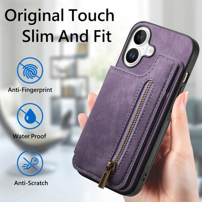 For iPhone 16 Plus Retro Leather Zipper Wallet Back Phone Case(Purple) by buy2fix