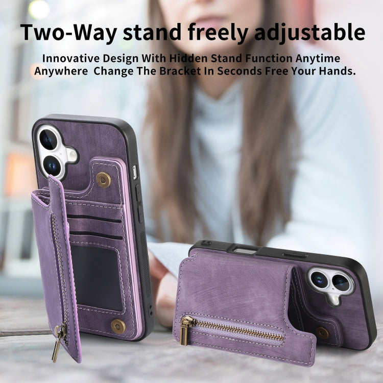 For iPhone 16 Plus Retro Leather Zipper Wallet Back Phone Case(Purple) by buy2fix