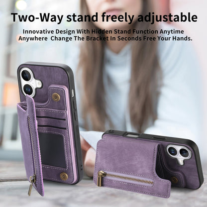 For iPhone 16 Plus Retro Leather Zipper Wallet Back Phone Case(Purple) by buy2fix