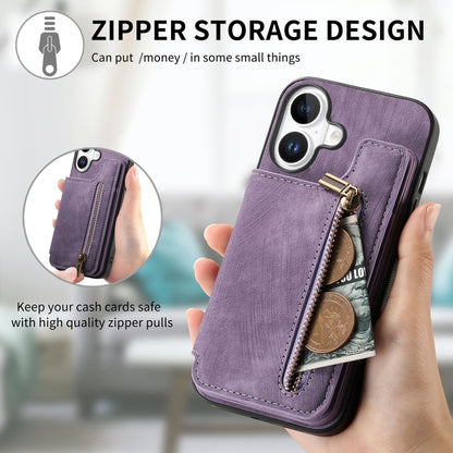 For iPhone 16 Plus Retro Leather Zipper Wallet Back Phone Case(Purple) by buy2fix