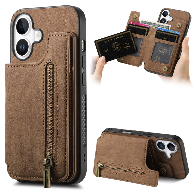 For iPhone 16 Plus Retro Leather Zipper Wallet Back Phone Case(Brown) by buy2fix