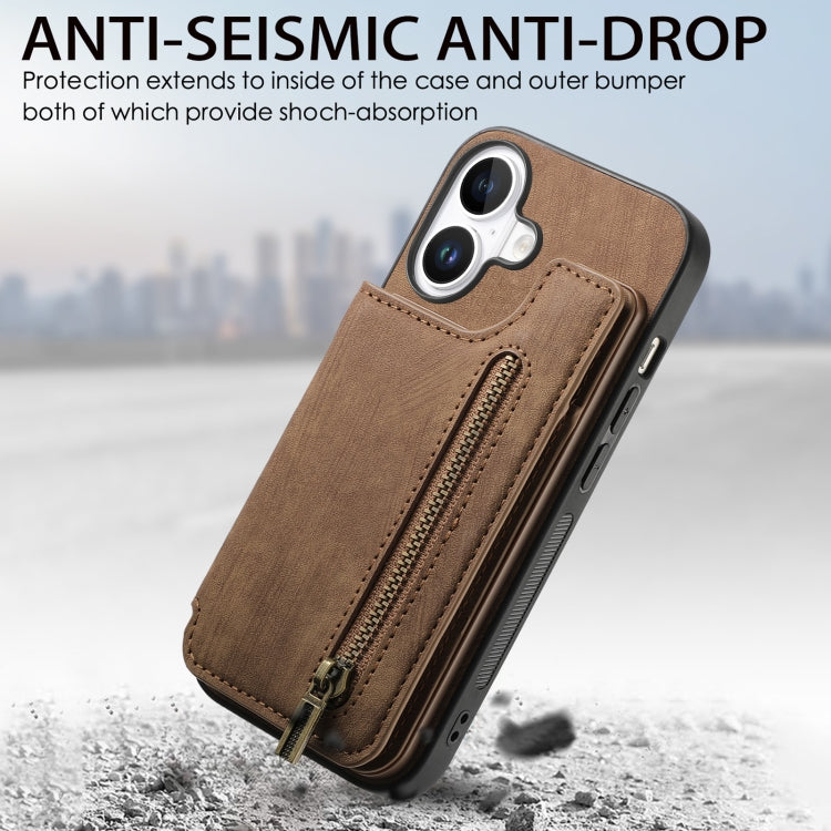 For iPhone 16 Plus Retro Leather Zipper Wallet Back Phone Case(Brown) by buy2fix