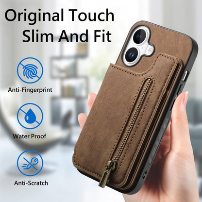 For iPhone 16 Plus Retro Leather Zipper Wallet Back Phone Case(Brown) by buy2fix