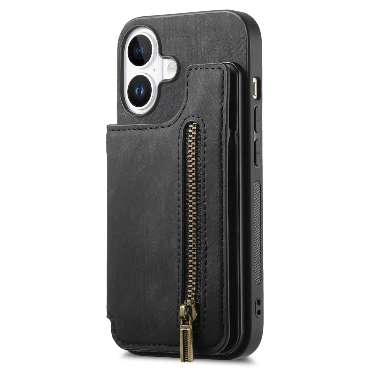 For iPhone 16 Plus Retro Leather Zipper Wallet Back Phone Case(Black) by buy2fix
