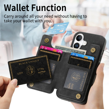 For iPhone 16 Plus Retro Leather Zipper Wallet Back Phone Case(Black) by buy2fix