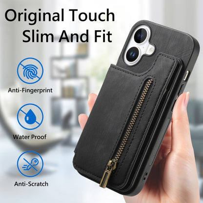 For iPhone 16 Plus Retro Leather Zipper Wallet Back Phone Case(Black) by buy2fix