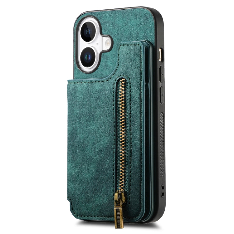 For iPhone 16 Plus Retro Leather Zipper Wallet Back Phone Case(Green) by buy2fix