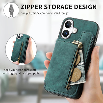 For iPhone 16 Plus Retro Leather Zipper Wallet Back Phone Case(Green) by buy2fix