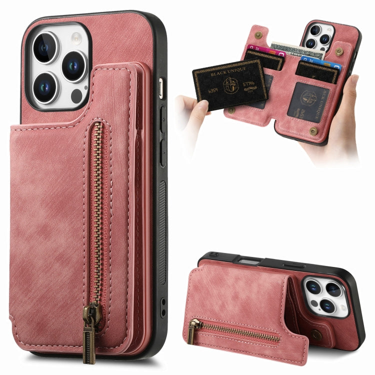 For iPhone 16 Pro Retro Leather Zipper Wallet Back Phone Case(Pink) by buy2fix