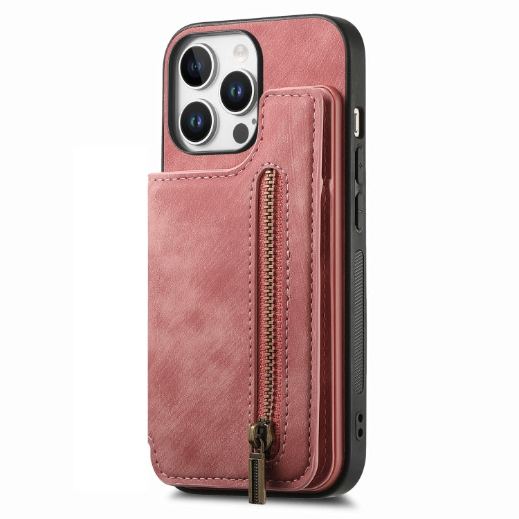 For iPhone 16 Pro Retro Leather Zipper Wallet Back Phone Case(Pink) by buy2fix