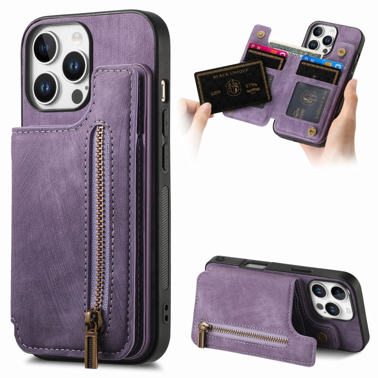 For iPhone 16 Pro Retro Leather Zipper Wallet Back Phone Case(Purple) by buy2fix