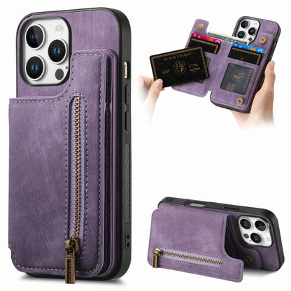 For iPhone 16 Pro Retro Leather Zipper Wallet Back Phone Case(Purple) by buy2fix