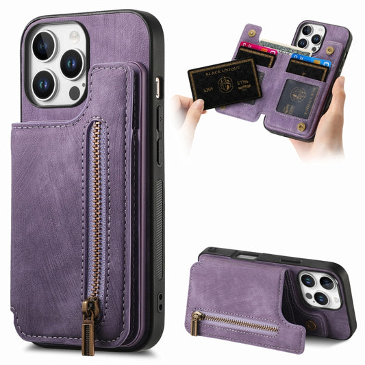 For iPhone 16 Pro Retro Leather Zipper Wallet Back Phone Case(Purple) by buy2fix