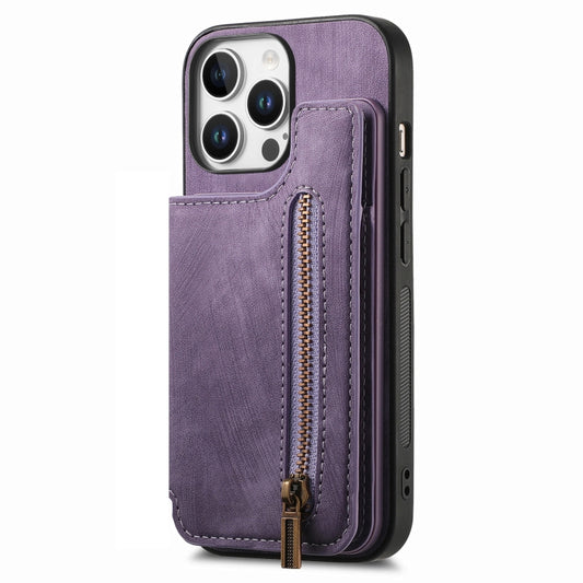 For iPhone 16 Pro Retro Leather Zipper Wallet Back Phone Case(Purple) by buy2fix
