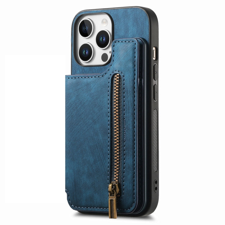 For iPhone 16 Pro Retro Leather Zipper Wallet Back Phone Case(Blue) by buy2fix