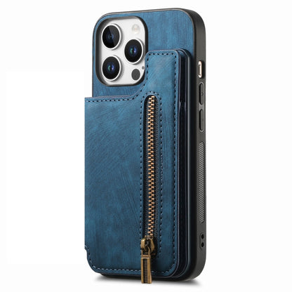 For iPhone 16 Pro Retro Leather Zipper Wallet Back Phone Case(Blue) by buy2fix
