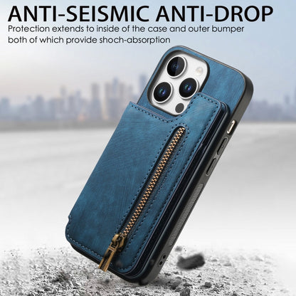 For iPhone 16 Pro Retro Leather Zipper Wallet Back Phone Case(Blue) by buy2fix