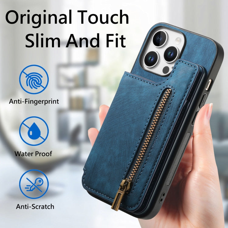 For iPhone 16 Pro Retro Leather Zipper Wallet Back Phone Case(Blue) by buy2fix