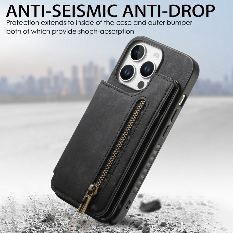 For iPhone 16 Pro Retro Leather Zipper Wallet Back Phone Case(Black) by buy2fix