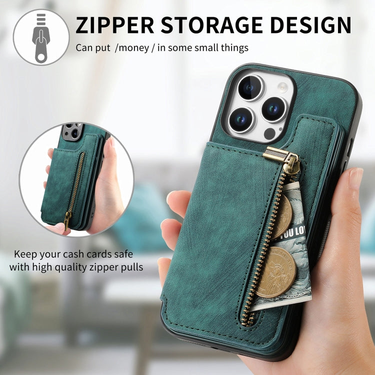 For iPhone 16 Pro Retro Leather Zipper Wallet Back Phone Case(Green) by buy2fix