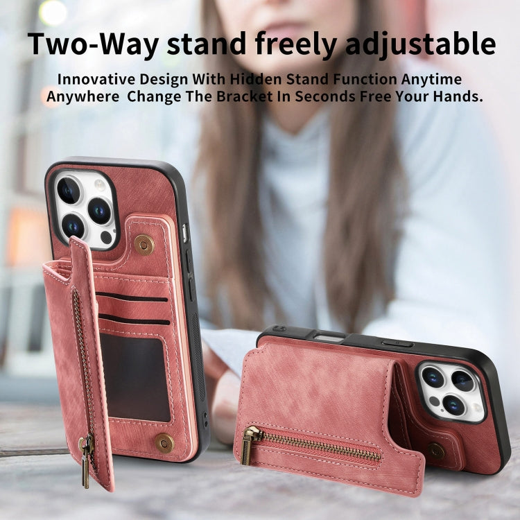 For iPhone 16 Pro Max Retro Leather Zipper Wallet Back Phone Case(Pink) by buy2fix