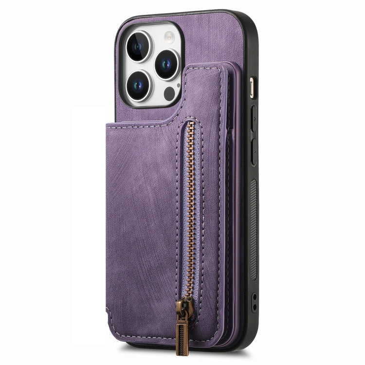 For iPhone 16 Pro Max Retro Leather Zipper Wallet Back Phone Case(Purple) by buy2fix
