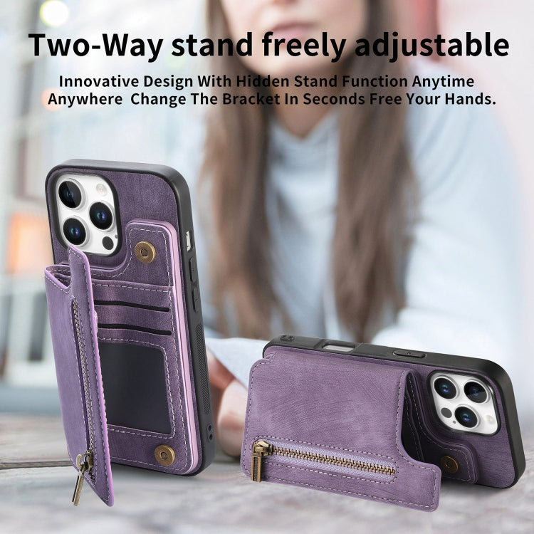 For iPhone 16 Pro Max Retro Leather Zipper Wallet Back Phone Case(Purple) by buy2fix