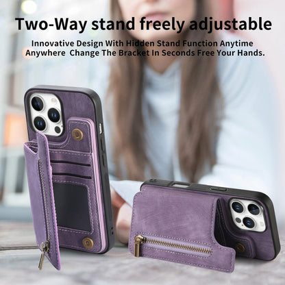 For iPhone 16 Pro Max Retro Leather Zipper Wallet Back Phone Case(Purple) by buy2fix