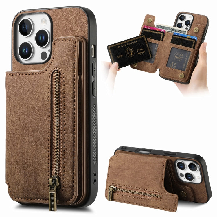 For iPhone 16 Pro Max Retro Leather Zipper Wallet Back Phone Case(Brown) by buy2fix