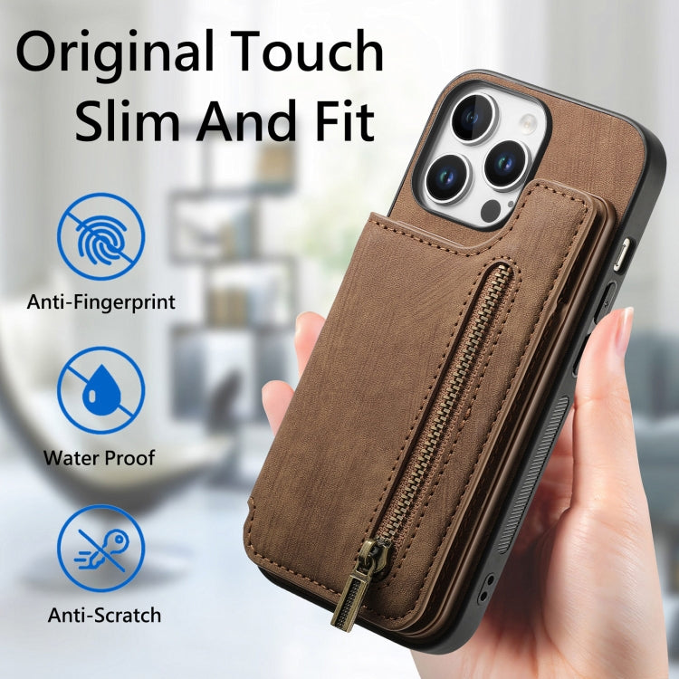 For iPhone 16 Pro Max Retro Leather Zipper Wallet Back Phone Case(Brown) by buy2fix
