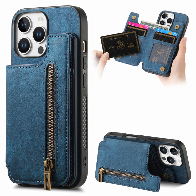 For iPhone 16 Pro Max Retro Leather Zipper Wallet Back Phone Case(Blue) by buy2fix