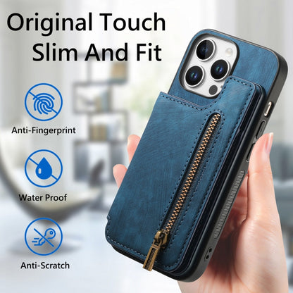 For iPhone 16 Pro Max Retro Leather Zipper Wallet Back Phone Case(Blue) by buy2fix