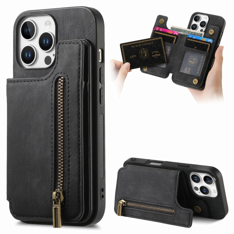For iPhone 16 Pro Max Retro Leather Zipper Wallet Back Phone Case(Black) by buy2fix