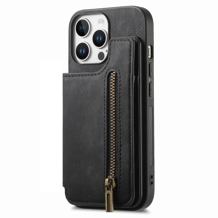 For iPhone 16 Pro Max Retro Leather Zipper Wallet Back Phone Case(Black) by buy2fix