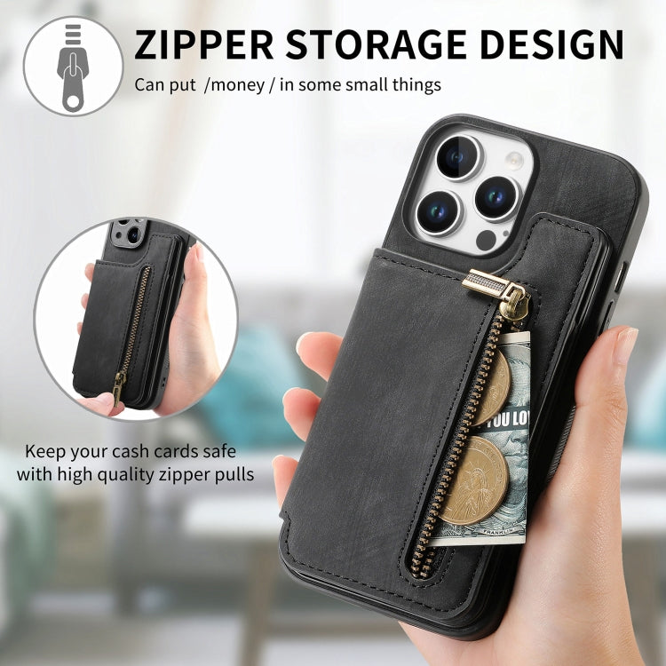 For iPhone 16 Pro Max Retro Leather Zipper Wallet Back Phone Case(Black) by buy2fix