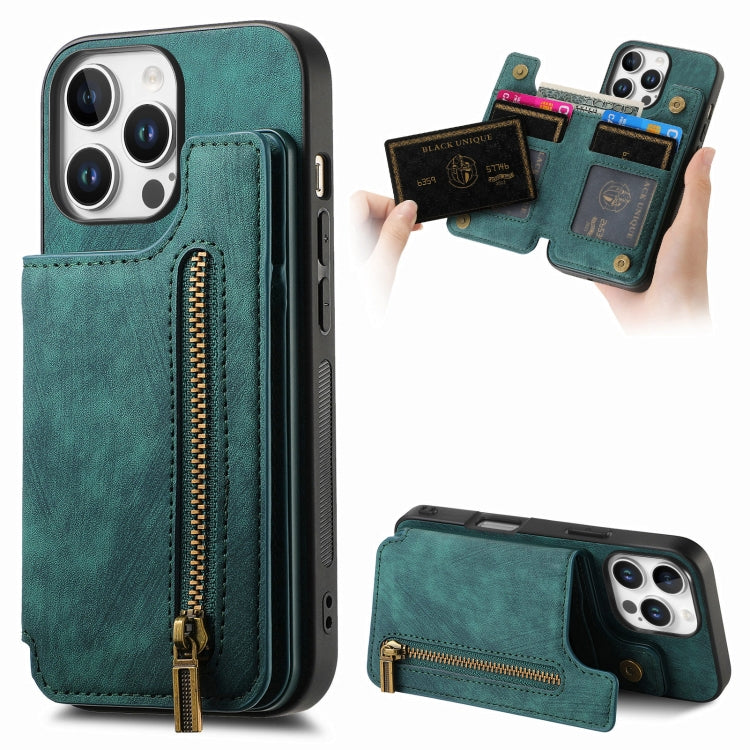 For iPhone 16 Pro Max Retro Leather Zipper Wallet Back Phone Case(Green) by buy2fix