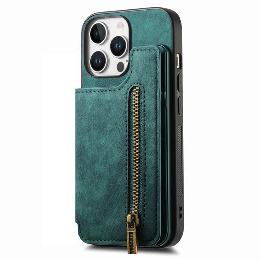 For iPhone 16 Pro Max Retro Leather Zipper Wallet Back Phone Case(Green) by buy2fix