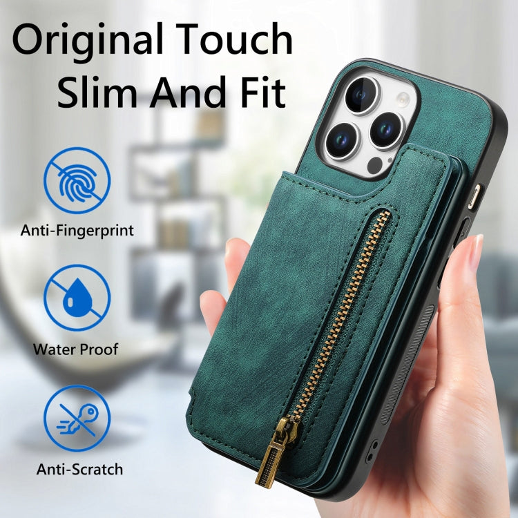 For iPhone 16 Pro Max Retro Leather Zipper Wallet Back Phone Case(Green) by buy2fix