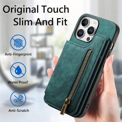 For iPhone 16 Pro Max Retro Leather Zipper Wallet Back Phone Case(Green) by buy2fix
