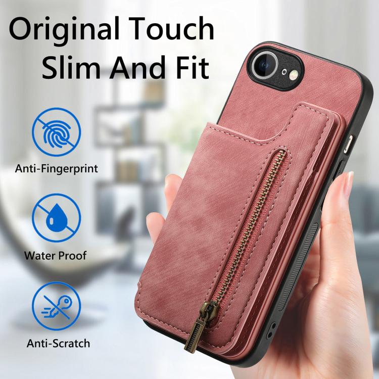 For iPhone 16e Retro Leather Zipper Wallet Back Phone Case(Pink) - iPhone 16e Cases by buy2fix | Online Shopping UK | buy2fix