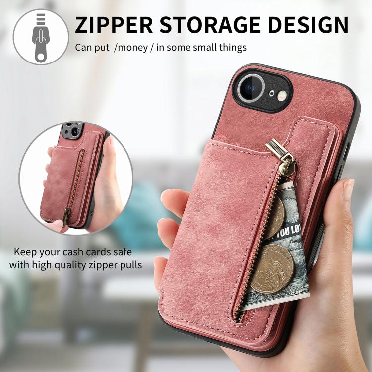 For iPhone 16e Retro Leather Zipper Wallet Back Phone Case(Pink) - iPhone 16e Cases by buy2fix | Online Shopping UK | buy2fix