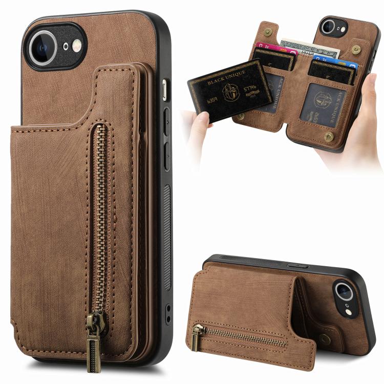 For iPhone 16e Retro Leather Zipper Wallet Back Phone Case(Brown) - iPhone 16e Cases by buy2fix | Online Shopping UK | buy2fix