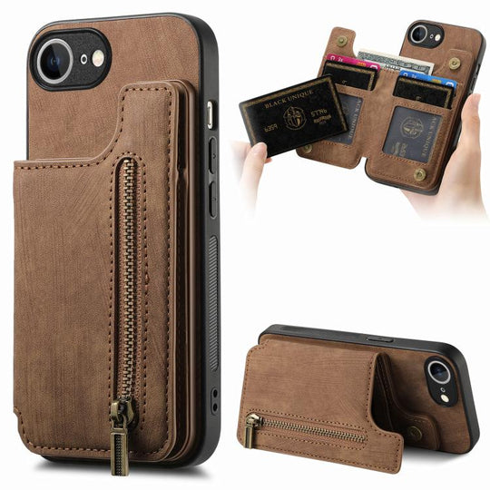 For iPhone 17e / 16e Retro Leather Zipper Wallet Back Phone Case(Brown)