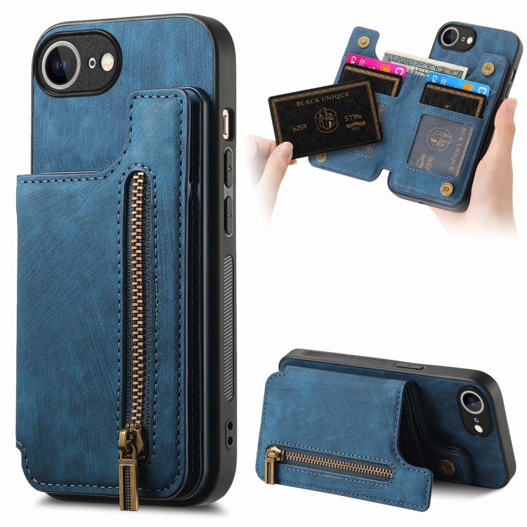 For iPhone 16e Retro Leather Zipper Wallet Back Phone Case(Blue) - iPhone 16e Cases by buy2fix | Online Shopping UK | buy2fix