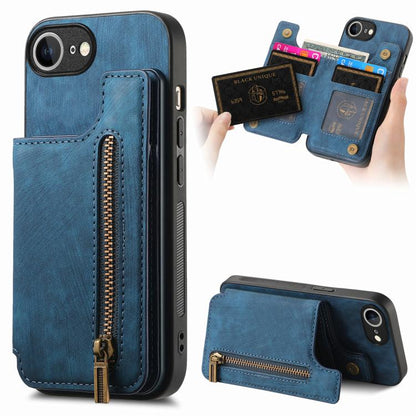 For iPhone 16e Retro Leather Zipper Wallet Back Phone Case(Blue) - iPhone 16e Cases by buy2fix | Online Shopping UK | buy2fix