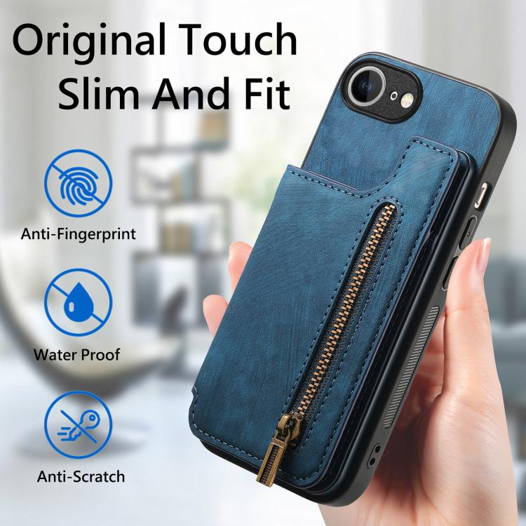 For iPhone 16e Retro Leather Zipper Wallet Back Phone Case(Blue) - iPhone 16e Cases by buy2fix | Online Shopping UK | buy2fix