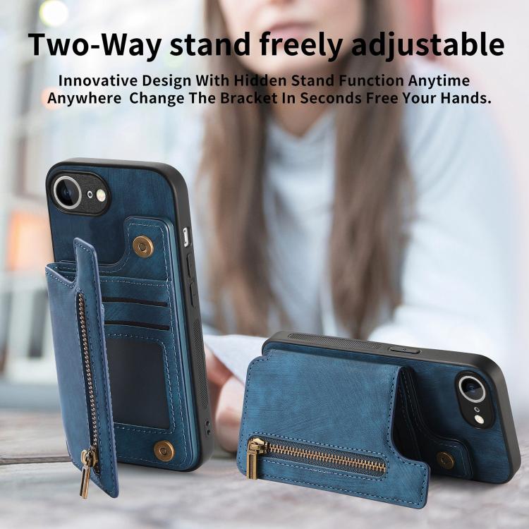 For iPhone 16e Retro Leather Zipper Wallet Back Phone Case(Blue) - iPhone 16e Cases by buy2fix | Online Shopping UK | buy2fix