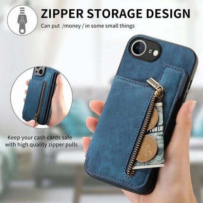 For iPhone 16e Retro Leather Zipper Wallet Back Phone Case(Blue) - iPhone 16e Cases by buy2fix | Online Shopping UK | buy2fix