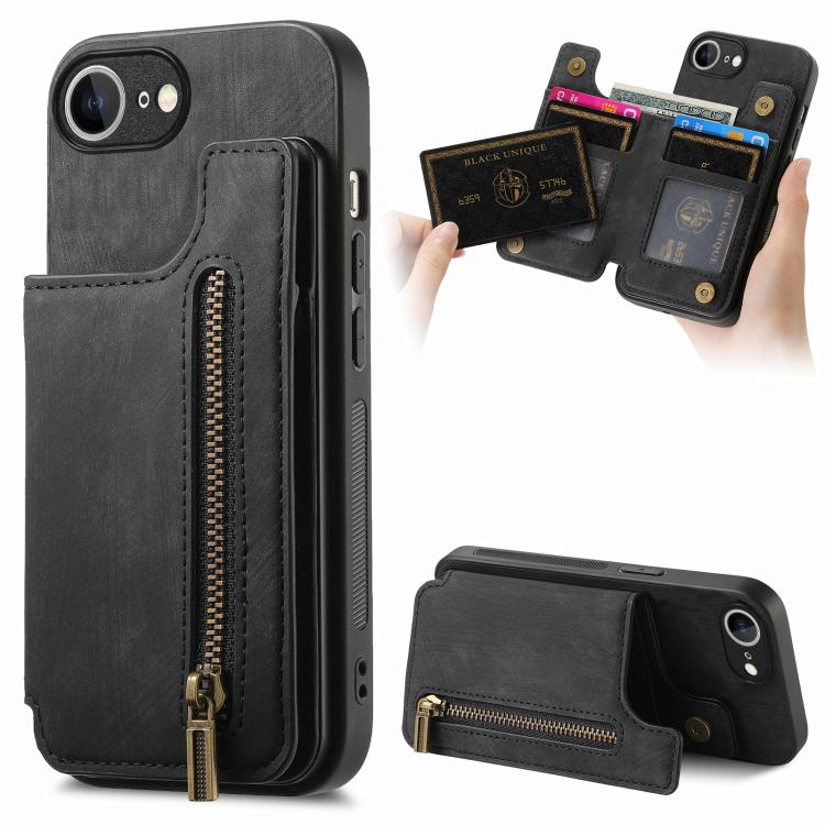 For iPhone 16e Retro Leather Zipper Wallet Back Phone Case(Black) - iPhone 16e Cases by buy2fix | Online Shopping UK | buy2fix